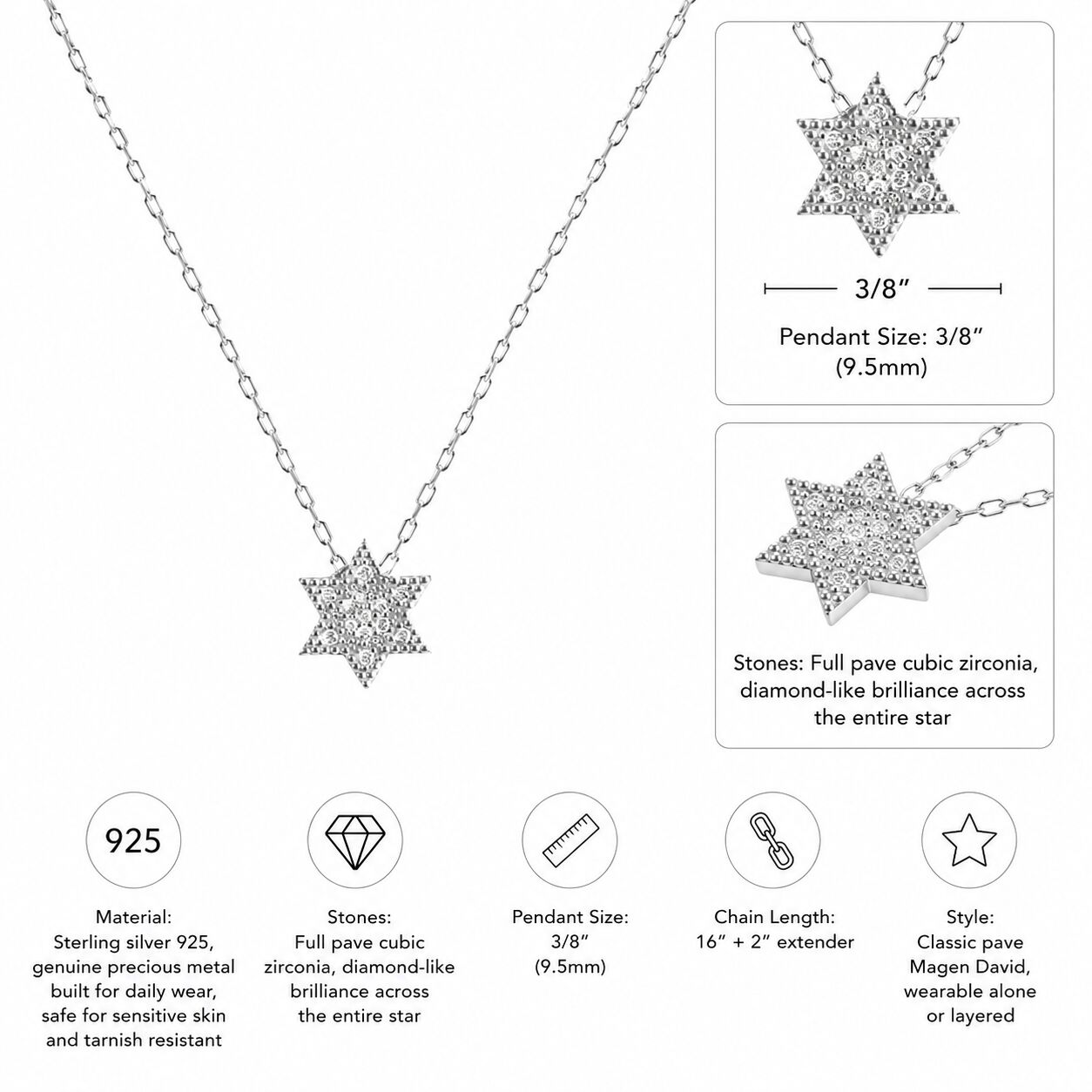 Pave Diamond-Like Jewish Star Necklace in Sterling Silver 925 with CZ