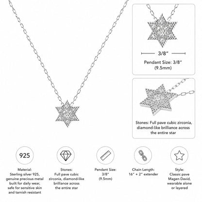Pave Diamond-Like Jewish Star Necklace in Sterling Silver 925 with CZ