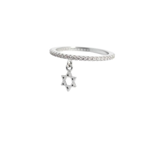 Pave eternity ring in sterling silver with Star of David dangle charm by Alef Bet