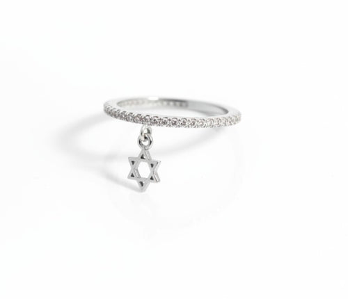 Pave Eternity Ring with Star of David Dangle Charm: Sterling Silver
