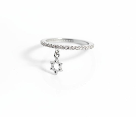 Pave Eternity Ring with Star of David Dangle Charm: Sterling Silver