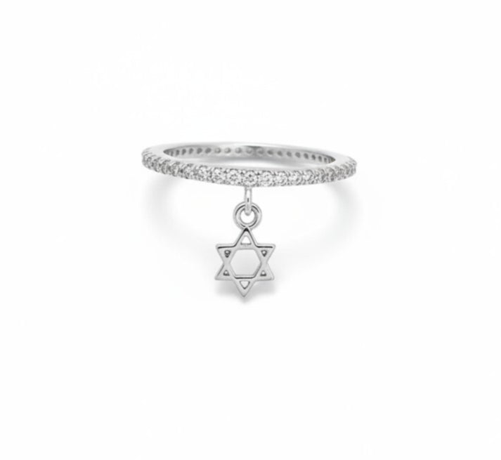 Pave Eternity Ring with Star of David Dangle Charm: Sterling Silver