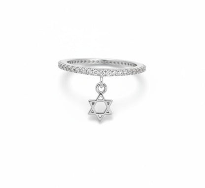 Pave Eternity Ring with Star of David Dangle Charm: Sterling Silver