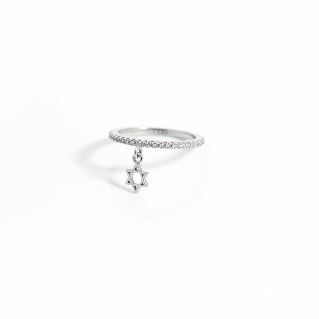 Pave Eternity Ring with Star of David Dangle Charm: Sterling Silver