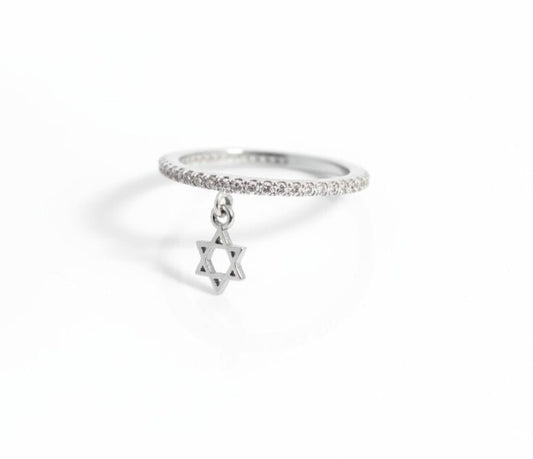 Pave Eternity Ring with Star of David Dangle Charm: Sterling Silver