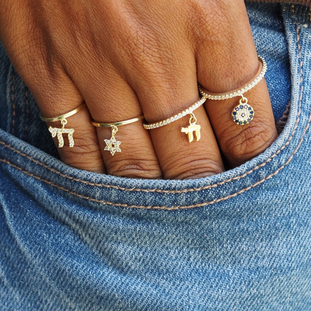 Pave Evil Eye Dangle Ring: Sterling Silver Eternity Band for Protection