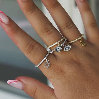 Pave Evil Eye Dangle Ring: Sterling Silver Eternity Band for Protection