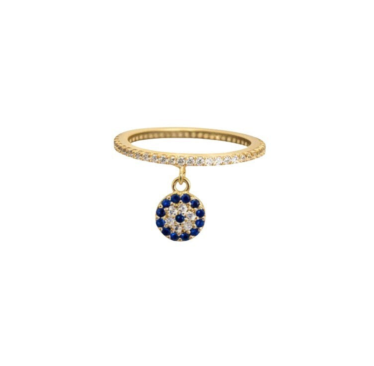 Pave evil eye dangle ring in sterling silver with eternity band by Alef Bet