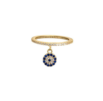 Pave evil eye dangle ring in sterling silver with eternity band for protection by Alef Bet