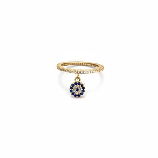 Pave evil eye dangle ring in sterling silver with eternity band for protection by Alef Bet