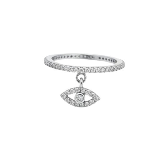 Pave evil eye dangle ring in sterling silver with eternity band by Alef Bet
