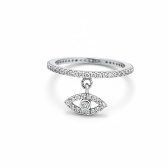 Pave Evil Eye Dangle Ring: Sterling Silver Eternity Band for Protection