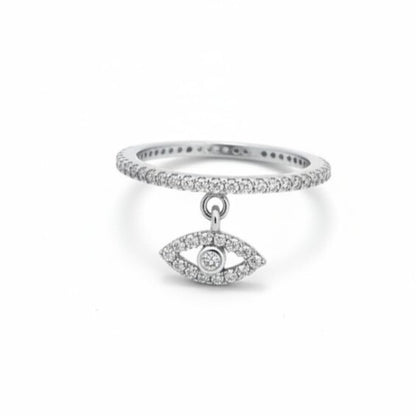 Pave Evil Eye Dangle Ring: Sterling Silver Eternity Band for Protection