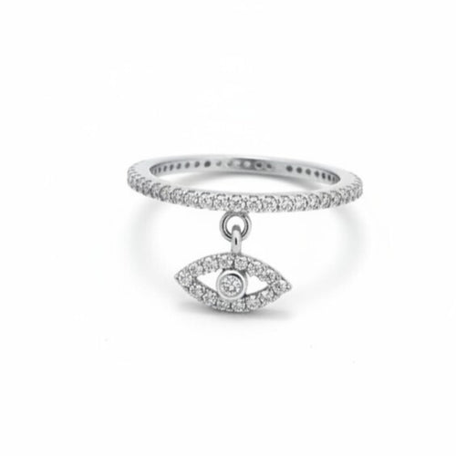 Pave Evil Eye Dangle Ring: Sterling Silver Eternity Band for Protection