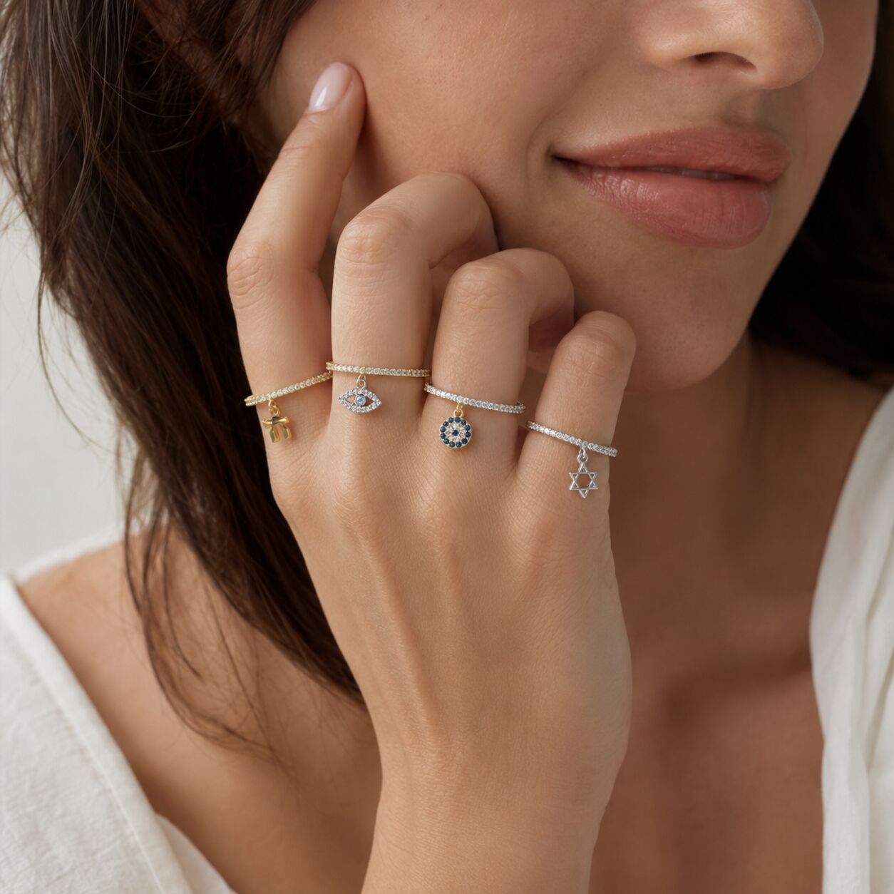 Sterling silver evil eye ring featuring pave-set cubic zirconia dangle charm by Alef Bet