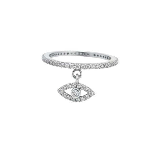 Pave evil eye dangle ring in sterling silver with eternity band by Alef Bet