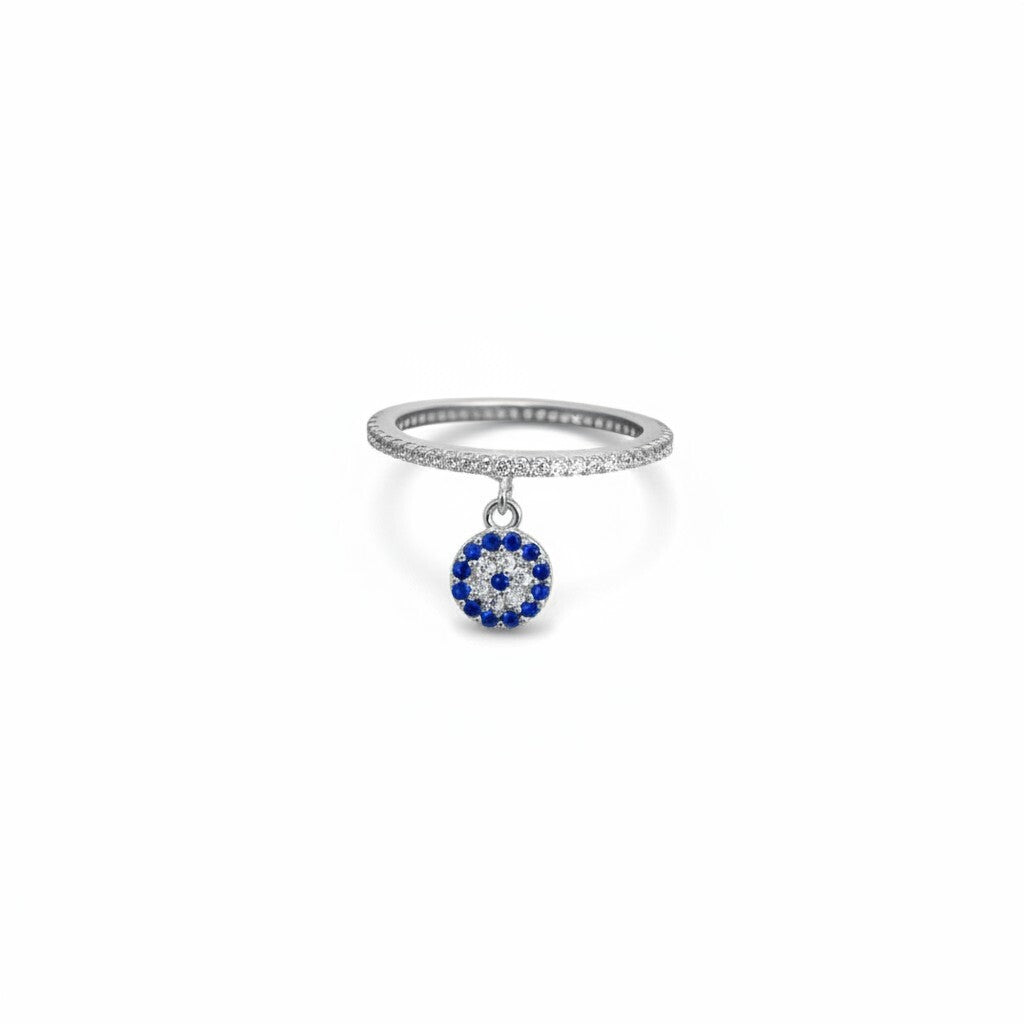 Pave evil eye dangle ring in sterling silver with eternity band by Alef Bet