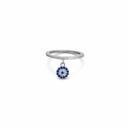 Pave evil eye dangle ring in sterling silver with eternity band by Alef Bet