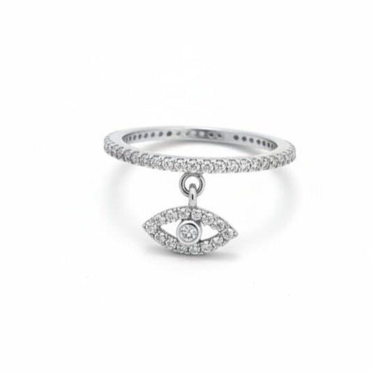 Pave Evil Eye Dangle Ring: Sterling Silver Eternity Band for Protection