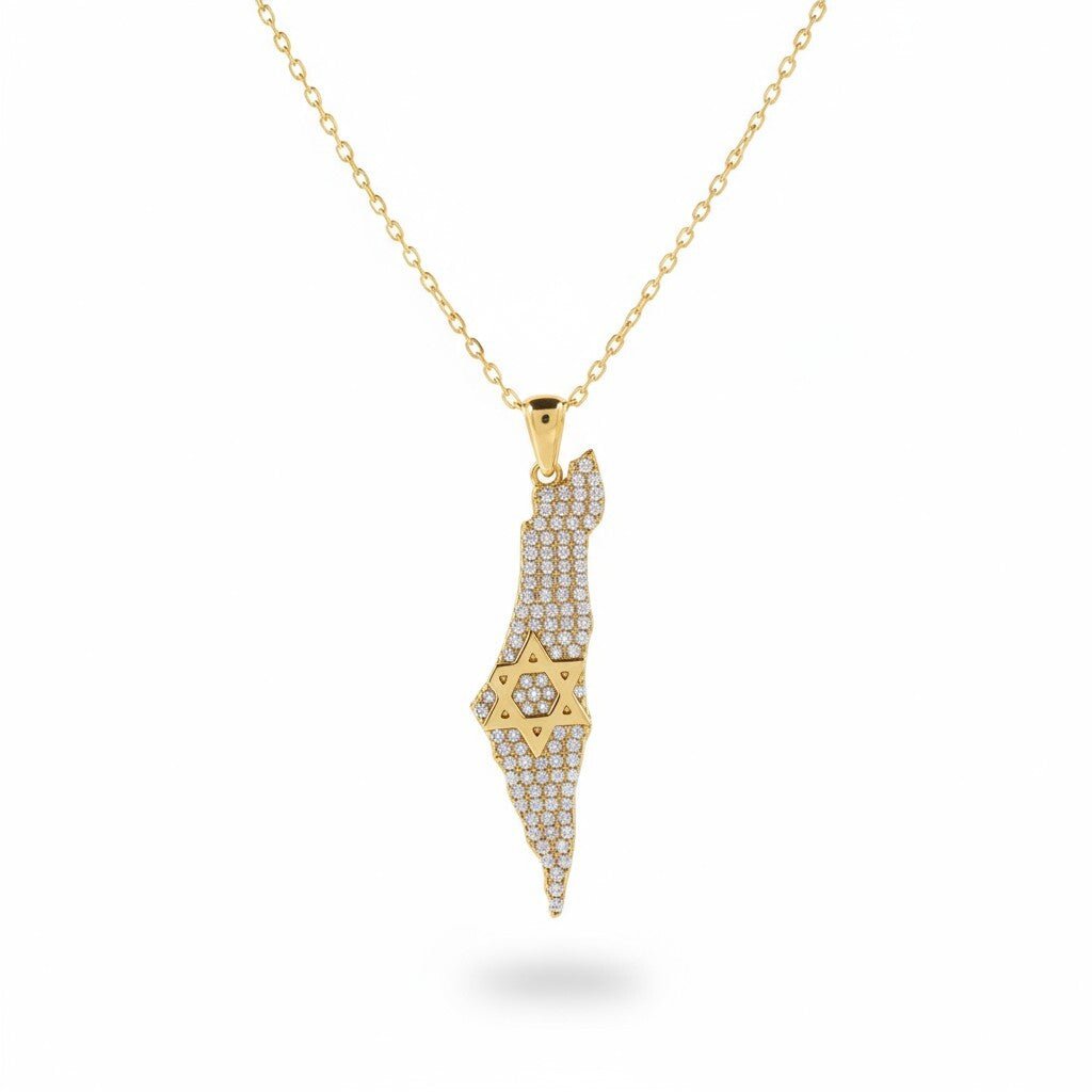 Pave Map of Israel Star of David Necklace | Alef Bet