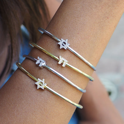 Pave Star of David Comfort Bangle: Sterling Silver Flexible Cuff