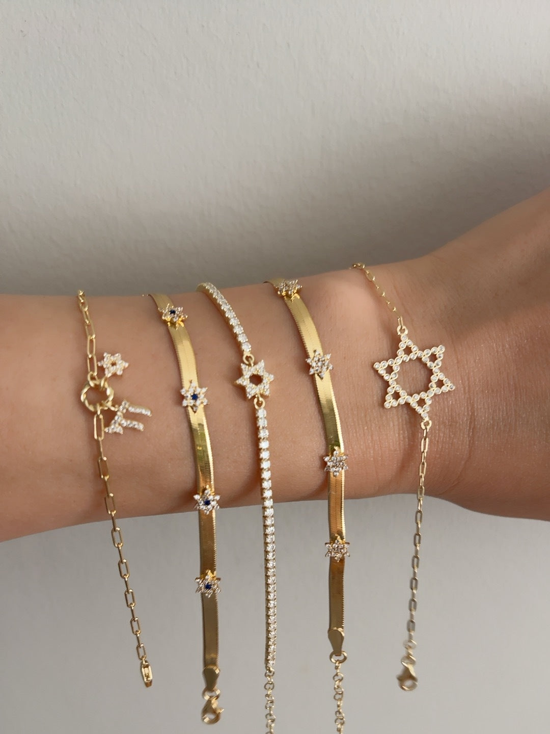 Pave Star of David Omega Chain Bracelet: Gold Plated & Adjustable