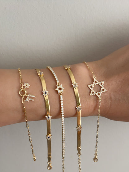 Pave Star of David Omega Chain Bracelet: Gold Plated & Adjustable