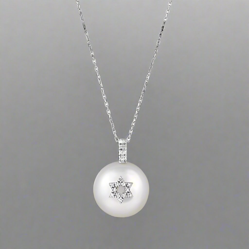 Pearl with Jewish Star Necklace with Diamonds for Women