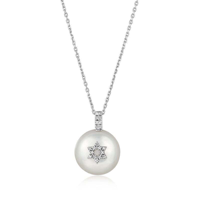 Pearl with Jewish Star Necklace with Diamonds for Women – Alef Bet