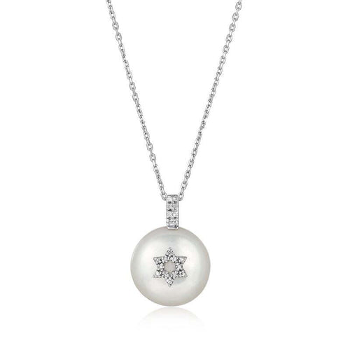 Pearl with Jewish Star Necklace with Diamonds for Women