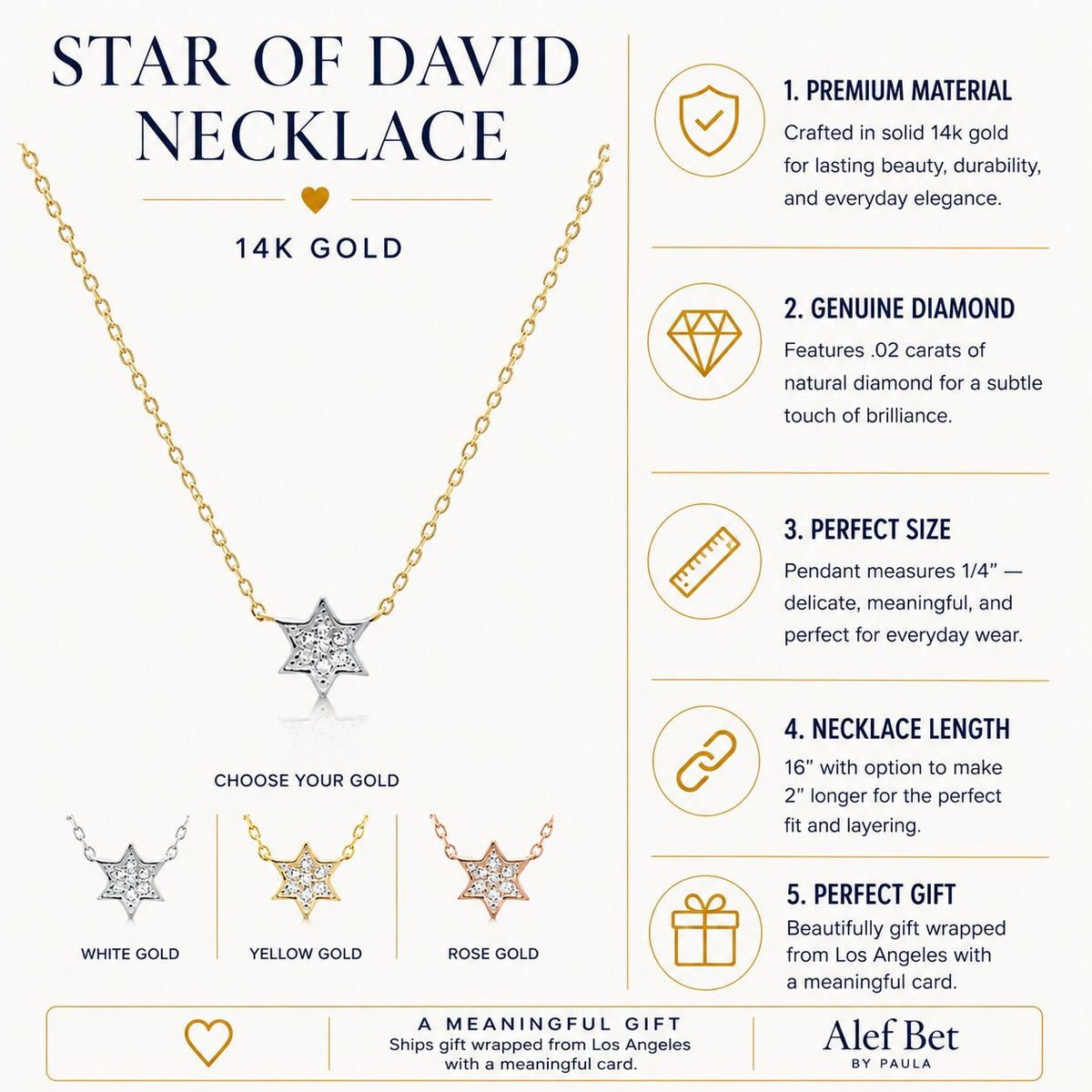 Jewish Star of David Diamond Necklace in Solid 14k Yellow Gold, a sparkling symbol of faith and heritage