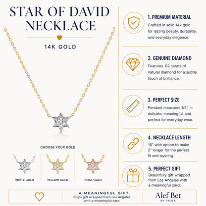 Jewish Star of David Diamond Necklace in Solid 14k Yellow Gold, a sparkling symbol of faith and heritage