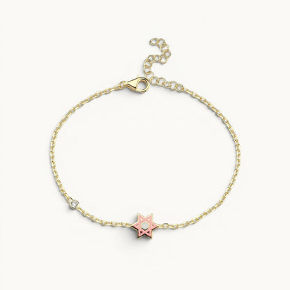 Star of David bracelet in gold with pink and blue gemstones and pave-set crystals by Alef Bet