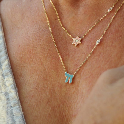 Pink or Blue Jewish Star Necklace with a Sparkling Gemstone