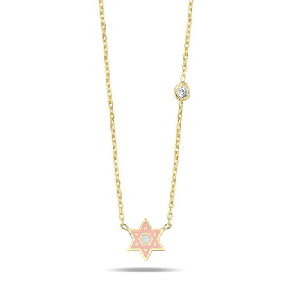 Star of David necklace in yellow gold with pink enamel and bezel-set cubic zirconia by Alef Bet
