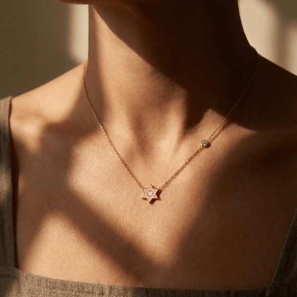 Pink or Blue Jewish Star Necklace with a Sparkling Gemstone