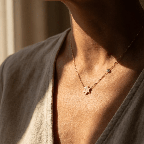 Pink or Blue Jewish Star Necklace with a Sparkling Gemstone