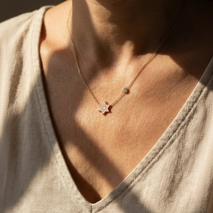Pink or Blue Jewish Star Necklace with a Sparkling Gemstone