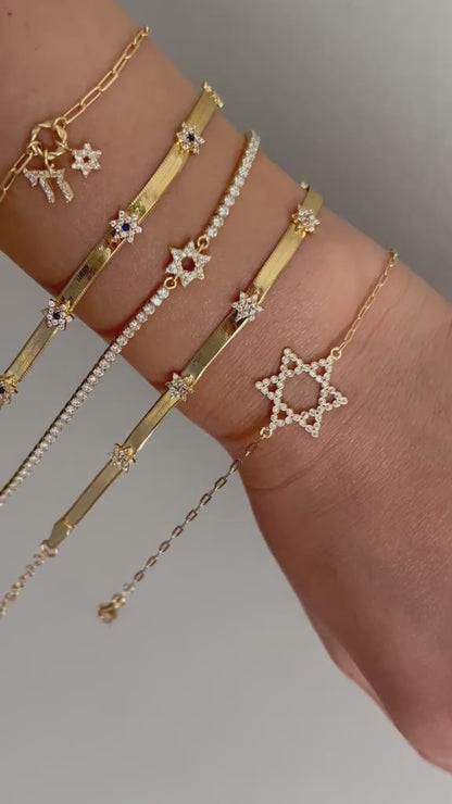 Chai and Jewish Star Cluster Bracelet in 14k Yellow Gold Plated Sterling Silver 925 with Sparkling CZ, a radiant expression of life and faith