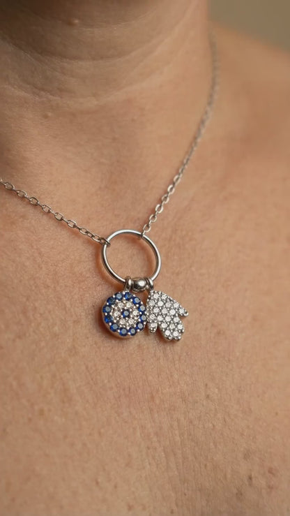 Hamsa and Evil Eye Double Protection Necklace in Sterling Silver