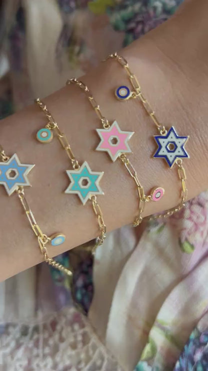 Colorful Enamel Jewish Star Bracelet in 14k Gold Plated Sterling Silver 925, wear your faith in vibrant style