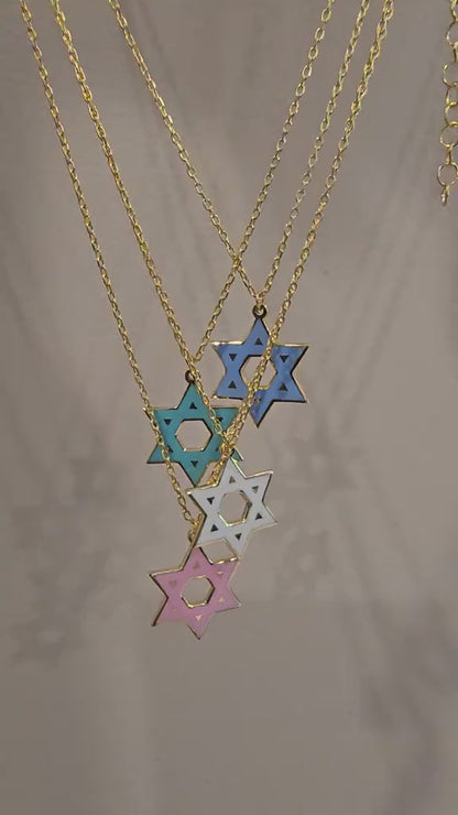 Enamel Star of David Necklace in 14k Yellow Gold Plated Sterling Silver 925, vibrant color for everyday Jewish pride