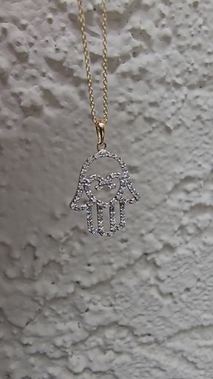 Hamsa and Heart Diamond Necklace in 14k Gold