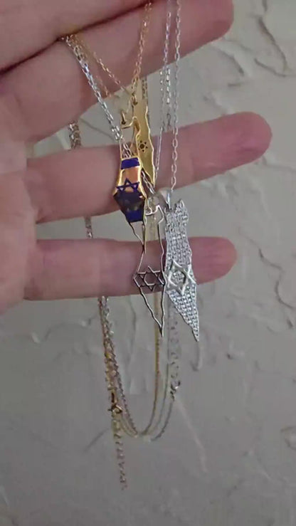 Jewish Star of David Israel Map Necklace in Sterling Silver 925, fully pavé cubic zirconia that turns every head