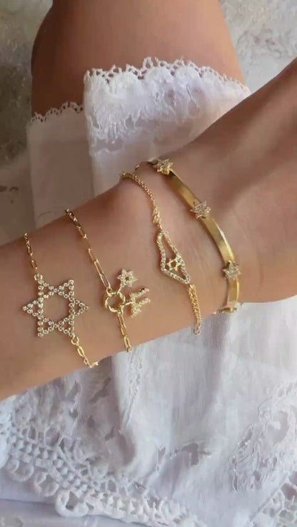 Yellow Gold Plated Jewish Star Bracelet with Sparkling CZ Gems