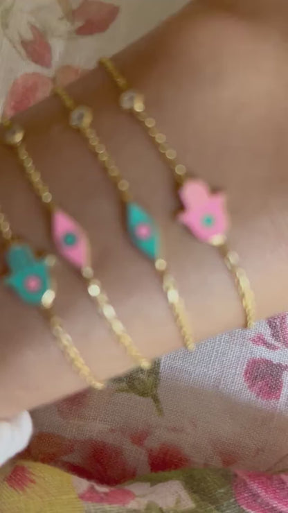 Hamsa Hand Bracelet in 14k Yellow Gold Plated Sterling Silver 925 with Pink Enamel and Cubic Zirconia, sparkling protection on your wrist