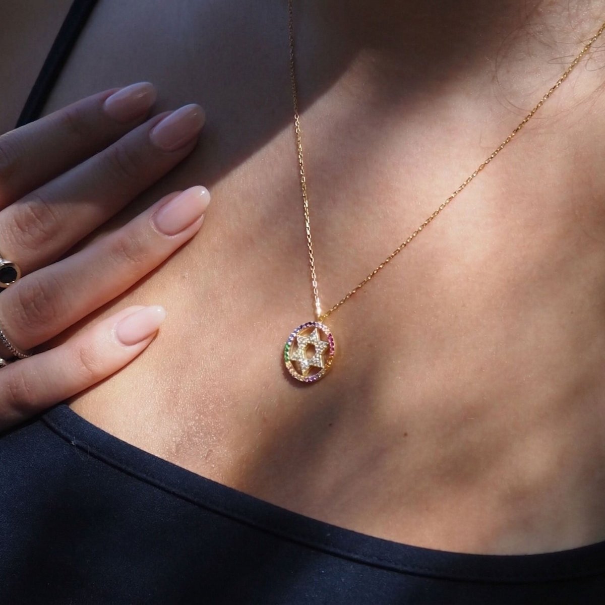 Rainbow CZ Star of David Necklace Sterling Silver | Alef Bet
