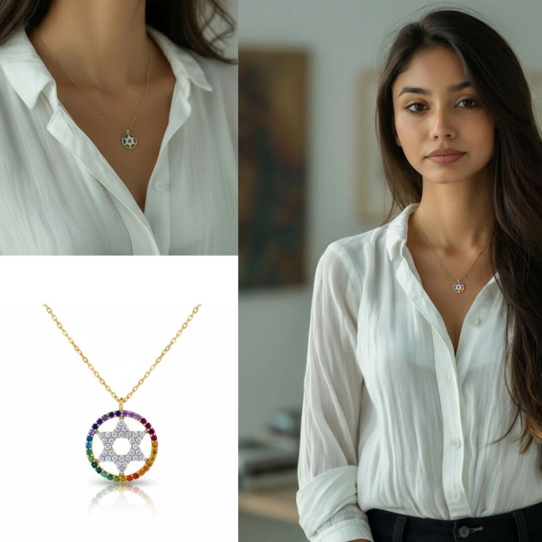 Rainbow CZ Star of David Necklace Sterling Silver | Alef Bet