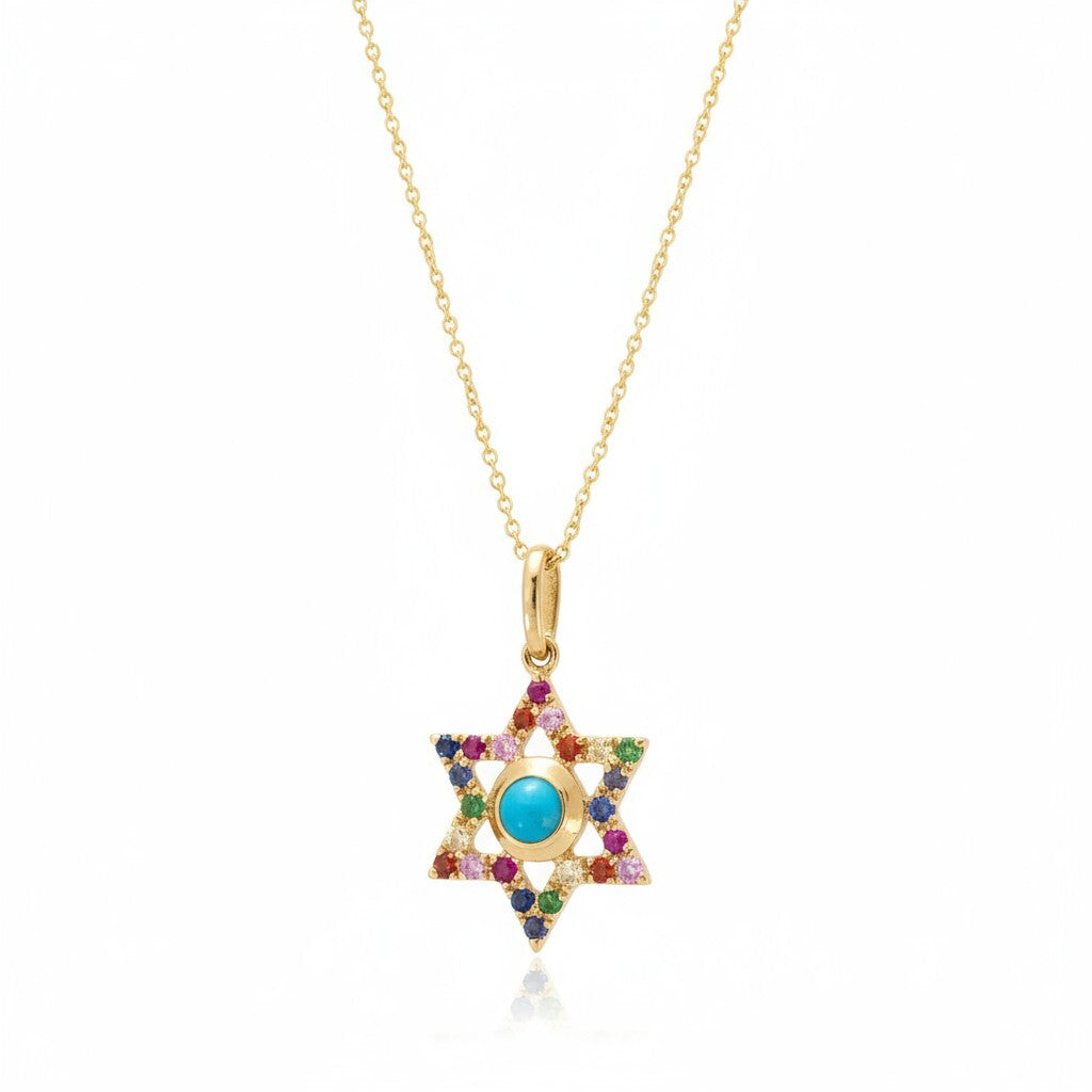 Rainbow Jewish Star of David Pendant in 14k Gold