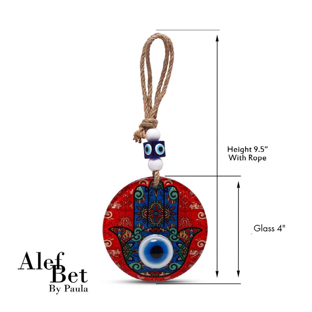 Red glass hamsa hand wall hanging showcasing traditional Jewish home blessing symbol by Alef Bet